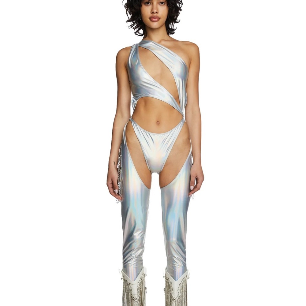 Dolls Kill Iridescent Silver Cutout One-Shoulder Jumpsuit